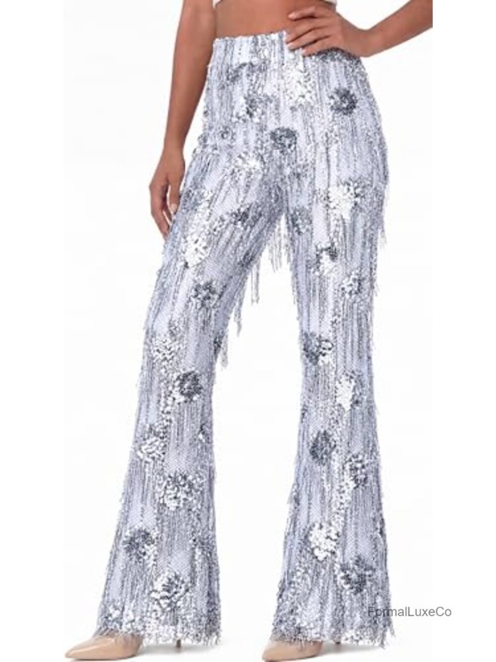 Sequin Flare Pants High Waisted Fringe Bell Bottom Disco Party Clubwear Trousers